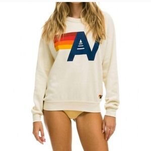 Aviator Nation Cream AV Logo Crewneck Sweatshirt Rainbow USA Size S**